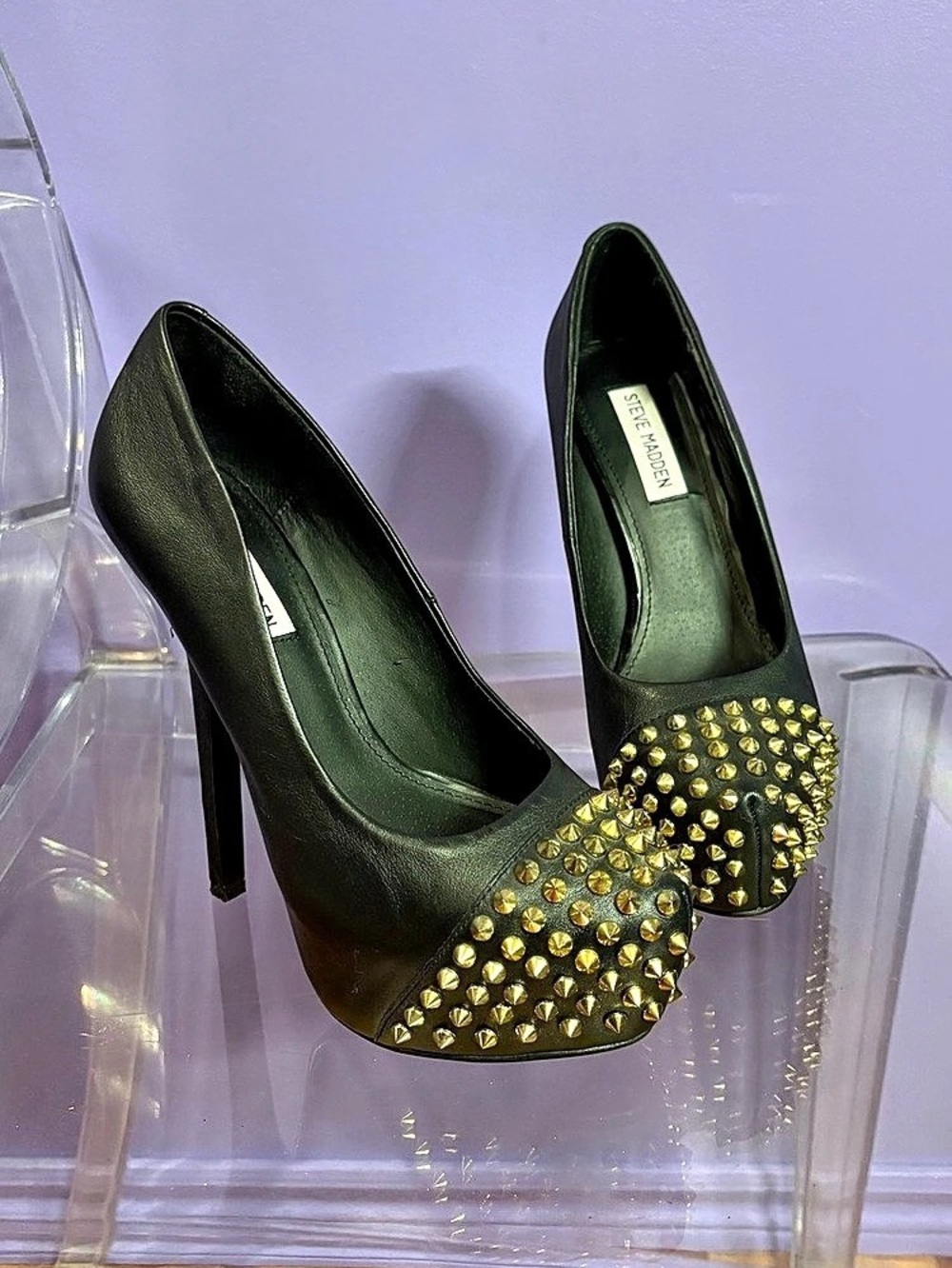 Steve Madden Studded Pointed-Toe Heels in Black & Gold